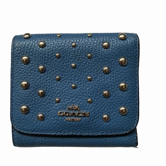Coach Handbags - COACH Small Pebbled Leather Trifold Wallet with Ombre Rivets in Blue